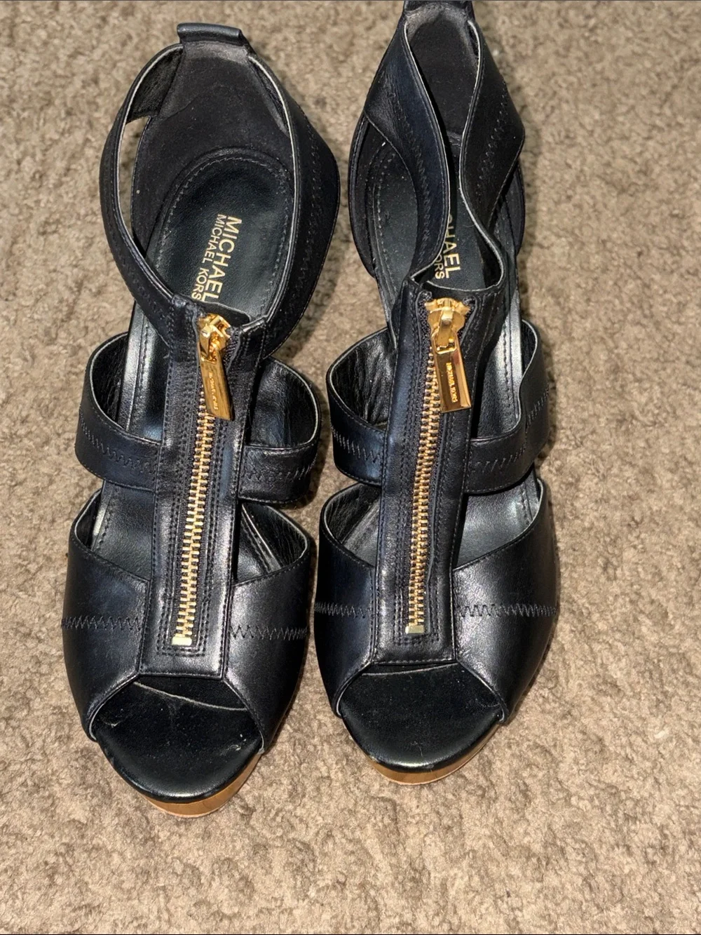Michael Kors Black Leather Peep-Toe Wedge Sandals with Gold Zip Accent